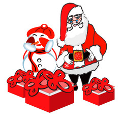 Christmas Day holidays greeting card. Santa Claus and snowman gift boxes . Xmas and New Year festive design.