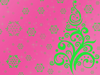 openwork green Christmas tree, green snowflakes on a purple background,  Lilac, purple background, green, snowflakes, illustration, Christmas, Christmas card