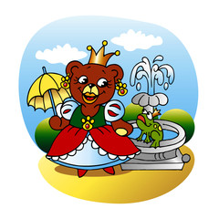 princess teddy bear in dress and umbrella and frog prince and fountain