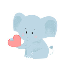 Cute baby elephant with red heart in trunk. Romance concept. Vector illustration can be used for topics like special date, anniversary, dating, love