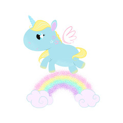 Cute baby unicorn with galloping along rainbow. Magic concept. Vector illustration can be used for topics like fairytale, children, myth, fantasy