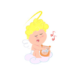 Romantic Cupid playing harp and singing love song. Love concept. Vector illustration can be used for topics like party invitation, Valentines day, concert