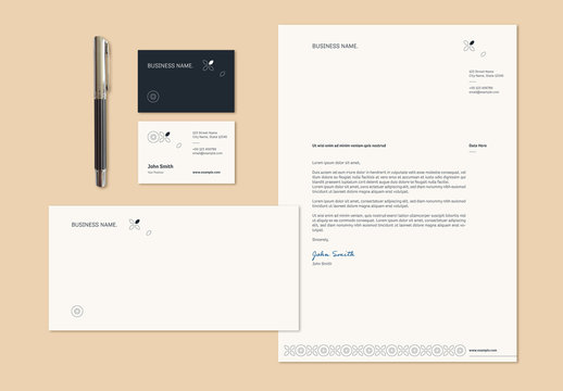 Stationery Set Layout with Thin Line Illustrations