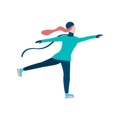 Young woman figure skating outdoors flat icon. Skating rink, winter vacation, leisure. Winter activity concept. Vector can be used for topics like winter, sport, hobby