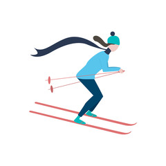 Young woman going skiing flat icon. Winter vacation, ski resort, athlete. Winter activity concept. Vector can be used for topics like sport, recreation, hobby