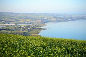 Fototapeta na wymiar View of the sea of Galilee Kinneret lake from Mt. Arbel mountain, beautiful lake landscape, Israel, Tiberias