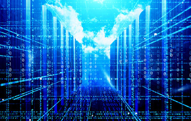 Image of data center against idyllic view of bright sun over clouds during sunny day. Concept of big data