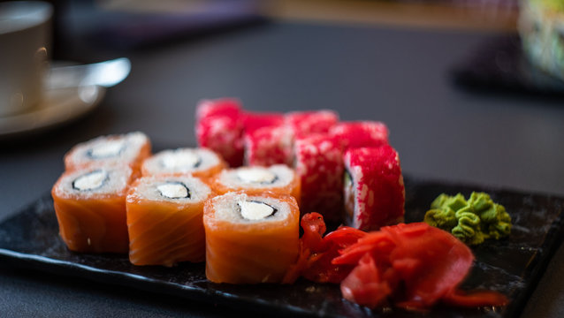 Japanese rolls on dark table