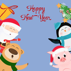 Happy New Year blue postcard design. Lettering with cartoon characters on blue background. Can be used for postcards, invitations, greeting cards