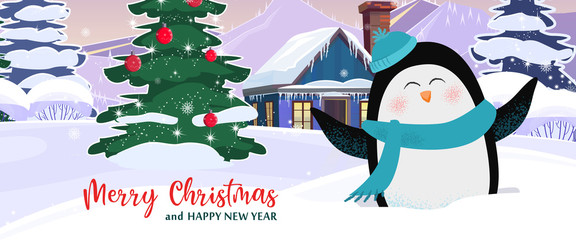 Merry Christmas and Happy New Year colorful leaflet design. Inscription with funny penguin on background with winter landscape. Can be used for postcards, invitations, greeting cards