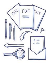 Office Documents and Envelopes Sketches Set Vector