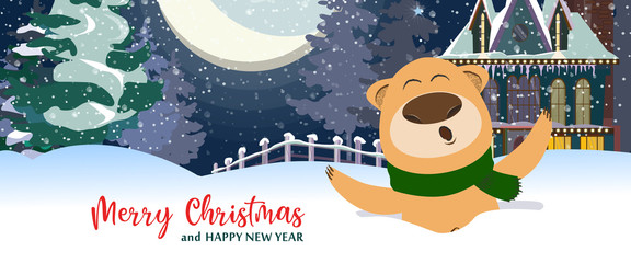 Merry Christmas and Happy New Year colorful postcard design. Inscription with brown bear on background with night winter landscape. Can be used for postcards, invitations, greeting cards