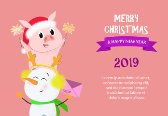 Merry Christmas and Happy New Year sample pink banner design. Inscription with snowman and piglet on pink background with sample text. Can be used for postcards, invitations, greeting cards
