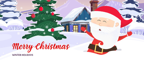 Merry Christmas and Winter Holidays colorful leaflet design. Inscription with funny Santa Claus on background with winter landscape. Can be used for postcards, invitations, greeting cards