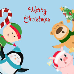 Fototapeta premium Merry Christmas blue postcard design. Lettering with cartoon characters on blue background. Can be used for postcards, invitations, greeting cards