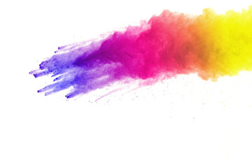 Freeze motion of colored powder explosions isolated on white background.