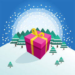 Big colorful packed gift box on winter forest background