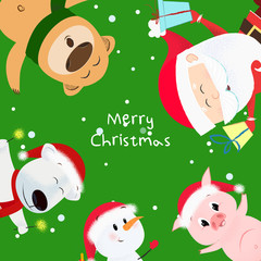 Merry Christmas creative green banner design with cartoons. Inscription with snowman, bear, piglet and Santa on green background with snowflakes. Can be used for postcards, invitations, greeting cards