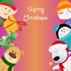 Merry Christmas gradient leaflet design. Lettering with cartoon heroes on gradient background. Can be used for postcards, invitations, greeting cards 