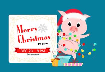 Merry Christmas party creative light blue invitation design. Lettering in white frame with funny piglet in garland lamps on blue background. Can be used for postcards, invitations, greeting cards
