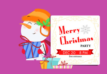 Merry Christmas party creative light pink invitation design. Inscription in white frame with snowman holding gift box on pink background. Can be used for postcards, invitations, greeting cards