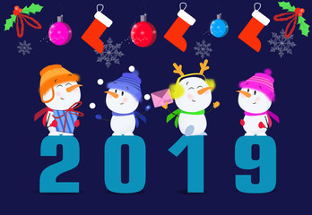 Two thousand and nineteen blue festive poster design. Date with cartoon snowmen on blue background with red socks and mistletoe. Can be used for postcards, invitations, greeting cards