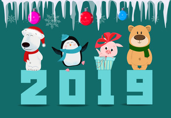 Two thousand and nineteen green greeting card design. Date with cartoon heroes on green background and icicles. Can be used for postcards, invitations, greeting cards