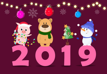 Two thousand and nineteen poster design. Date with cartoon characters on purple background with garlands. Can be used for postcards, invitations, greeting cards 