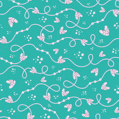 Funky bubbly pink and cream hand drawn doodle lines and hearts seamless vector pattern turquoise background. Fab for Valentines day, weddings, anniversaries, scrapbooking, giftwrap, stationery.