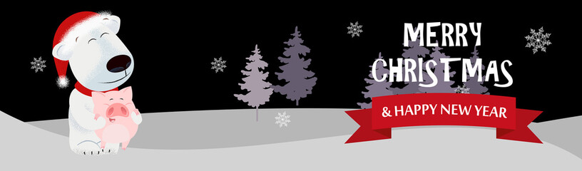 Obraz premium Merry Christmas and Happy New Year black poster with polar bear. Illustration of polar bear holding small piglet on background with winter forest. Can be used for postcards, greeting cards, leaflets