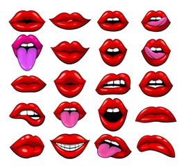 Large set of red female lips on a white background. A lot of smiles and emotion lips. Graphic drawing of the mouth. Vector illustration