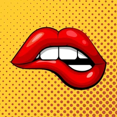Rote weibliche gebissene Lippe auf gelbem Hintergrund im Pop-Art-Stil. Vektorvorratillustration. Emotion von Leidenschaft, Sex und Verführung, Bedauern, Ärger © Oleksandr Rozhkov