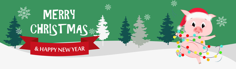 Fototapeta premium Merry Christmas and Happy New Year green postcard with piglet. Illustration of piglet in garland lamps on green background with winter forest. Can be used for postcards, greeting cards, leaflets 