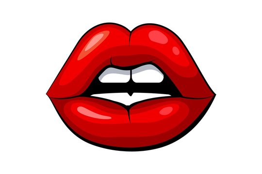 Red female lips on a white background. Manifestations of emotion lips sensuality. Graphic drawing of sensuality. Vector illustration