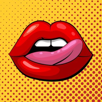 Red female lips with tongue on a yellow background in pop art style. Vector stock illustration. Emotion of passion, sex and seduction.