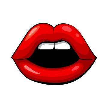 Red female lips on a white background. Open female mouth and scream. Emotion of fright and warming. Graphic drawing. Vector stock illustration.