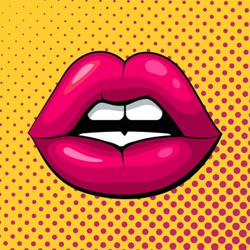 Red female lips on a yellow background in pop art style. Vector stock illustration. Emotion of passion, sex and seduction.