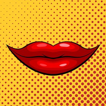Red female lips on a yellow background in pop art style. Vector stock illustration. Emotion of joy, laughter, good mood