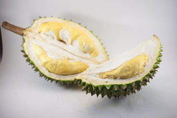 Fresh cut 2 piece of durian on a white background, king of fruit from Thailand