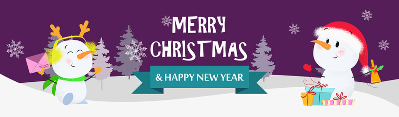 Merry Christmas and Happy New Year violet postcard with snowmen. Illustration of two snowmen on dark purple background with winter forest. Can be used for postcards, greeting cards, leaflets