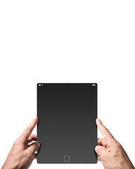 No name tablet computer in male hands. Isolated on white background