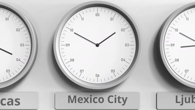 Clock shows Mexico city, Mexico time among different timezones. 3D animation