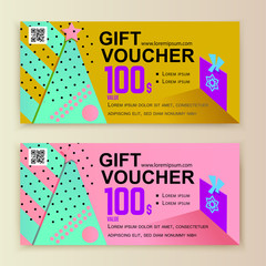 abstract voucher template. Flyer for business. Christmas triangle tree on yellow, pink backgrounds for department stores, business, fashion