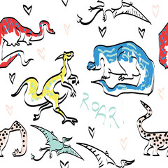 Śliczne dinozaury wzór tkaniny, tkaniny, ubrania mody. Ilustracja Dino na białym tle dla dzieci, chłopców, dziewcząt - 237769133