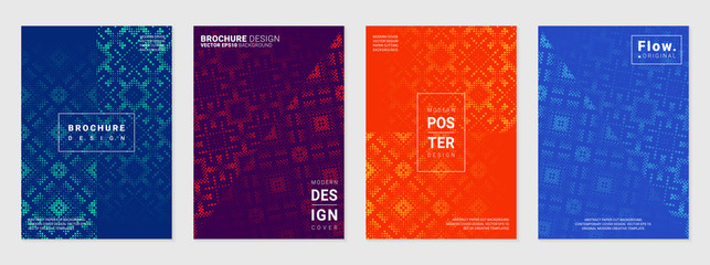 Vector set of cover design template with minimal geometric patterns; Mixed styles - ancient ethnic embroidery and digital pixel art; Modern different color gradient.