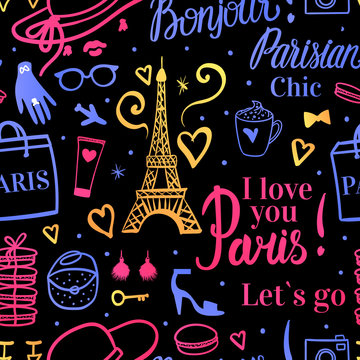 Seamless pattern. Bright color Shopping in Paris. Bonjour Lets go Travel Eiffel Tower. Fashion illustration on dark background.