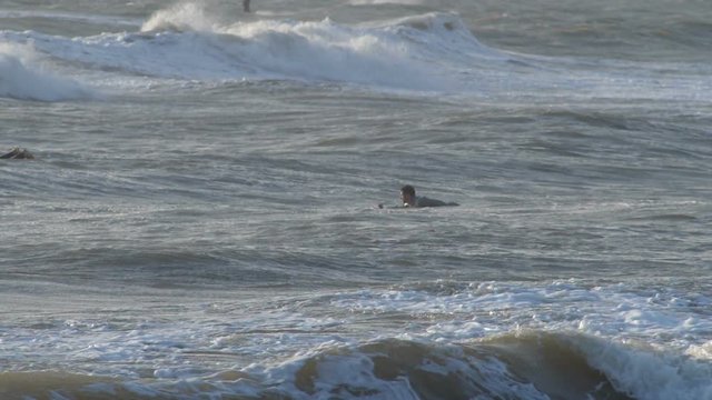 Slow motion clip . A surfer swimming for beginning surfing in a rough sea in the late afternoon light of a sunny day
