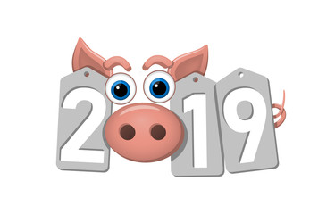 Happy New Year background. Pink pig, silver sale tags. 2019 flat numbers. Piggy snout. Chinese design decoration, celebration card, Christmas discount. Cartoon piglet nose. Vector Illustration
