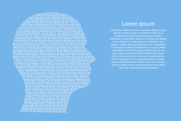 Silhouette of male head on the side cyber mind abstract schematic from white ones and zeros binary digital code on light blue background for banner, poster, greeting card. Vector illustration.