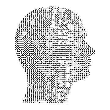 Silhouette of male head on the side from black printed board, chip and radio component. Computer electronics processor motherboard. Vector illustration.